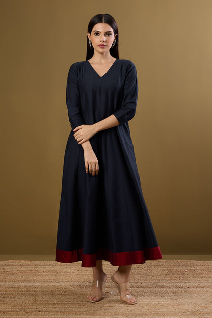 Maati Craft Indigo Rosefall Luxe Silk Slub Long Maxi Dress with Sleeves