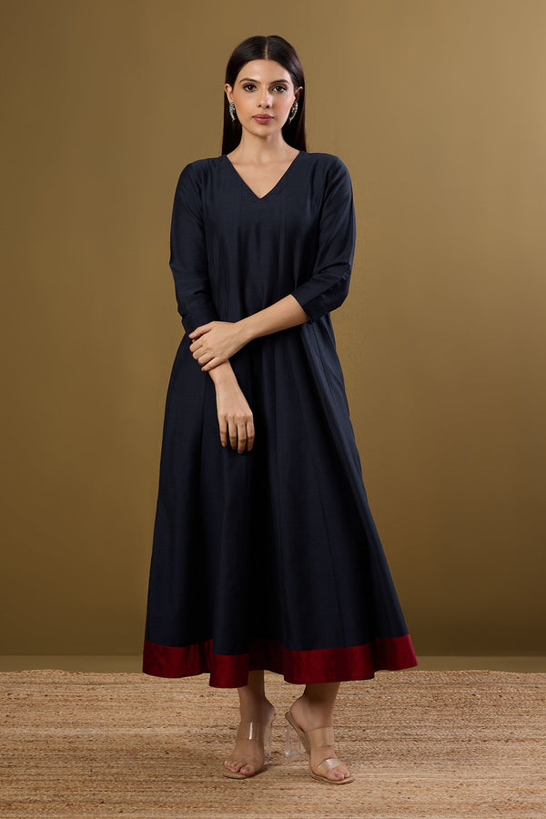 Maati Craft Indigo Rosefall Luxe Silk Slub Long Maxi Dress with Sleeves