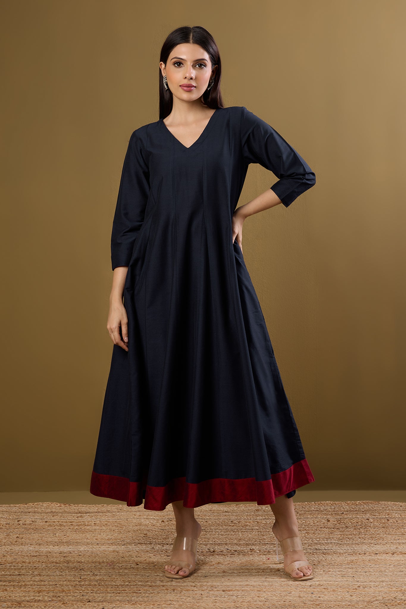 Maati Craft Indigo Rosefall Luxe Silk Slub Long Maxi Dress with Sleeves