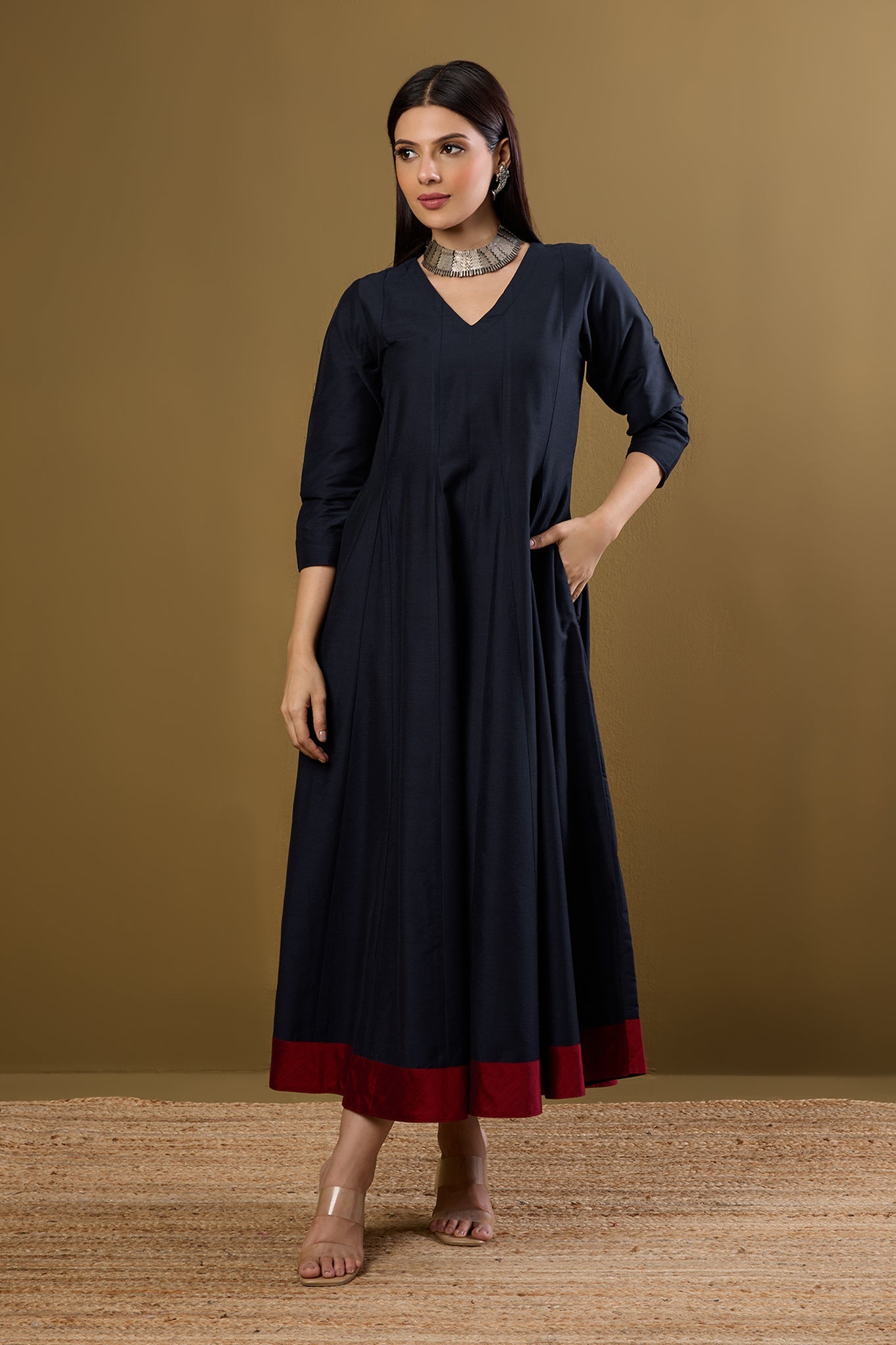 Maati Craft Indigo Rosefall Luxe Silk Slub Long Maxi Dress with Sleeves