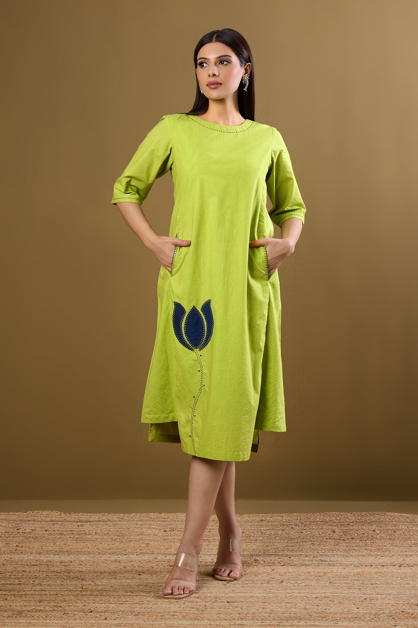 Maati Craft Parrot Pop & Monsoon Blue Side Bias Shift Dress