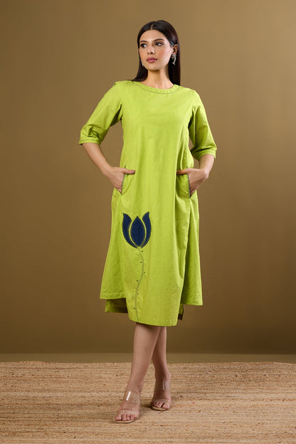 Maati Craft Parrot Pop & Monsoon Blue Side Bias Shift Dress