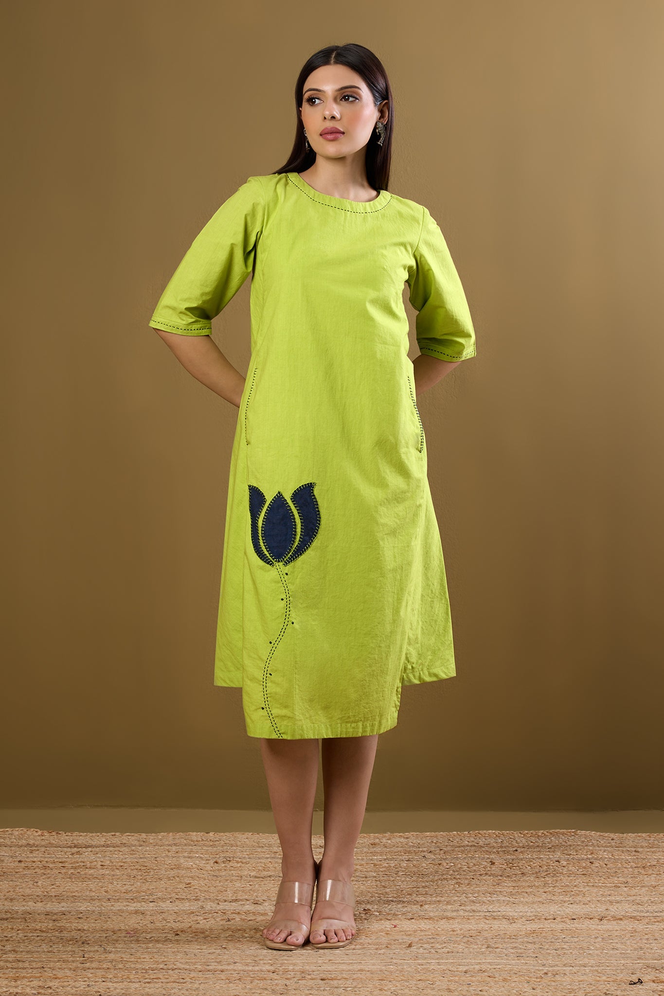 Maati Craft Parrot Pop & Monsoon Blue Side Bias Shift Dress