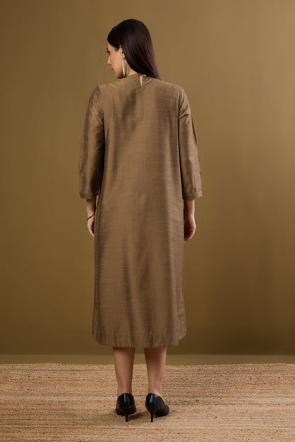 Maati Craft Gilded Earth Silk Slub a-line Dress with Patch Pocket