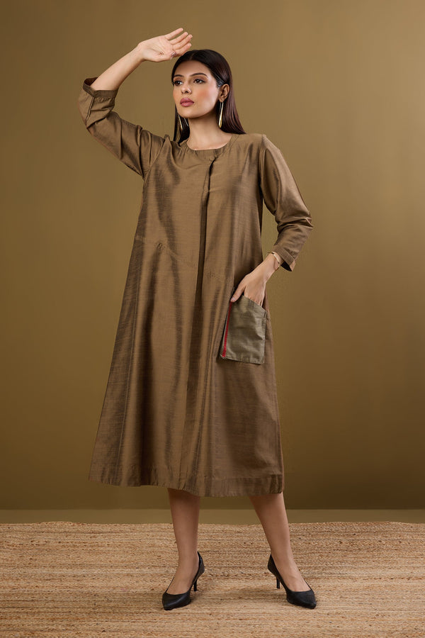Maati Craft Gilded Earth Silk Slub a-line Dress with Patch Pocket