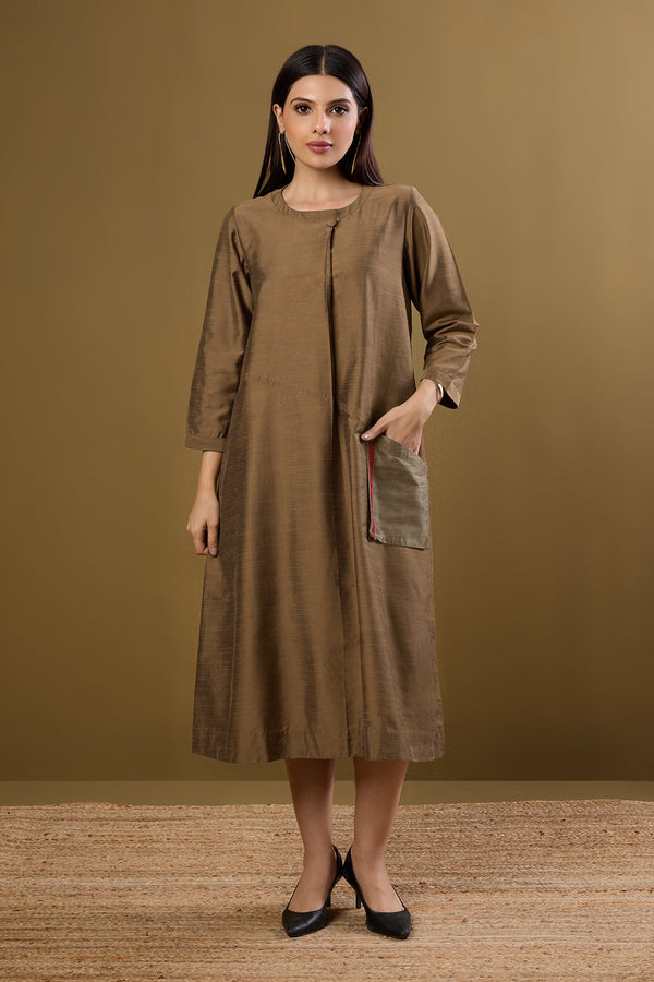 Maati Craft Gilded Earth Silk Slub a-line Dress with Patch Pocket
