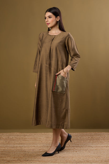 Maati Craft Gilded Earth Silk Slub a-line Dress with Patch Pocket