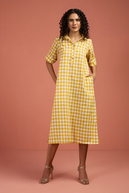 Maati Craft Gulabi Sunlit Grid Cotton Boho Collar Dress