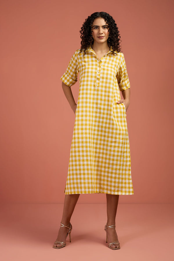 Maati Craft Gulabi Sunlit Grid Cotton Boho Collar Dress