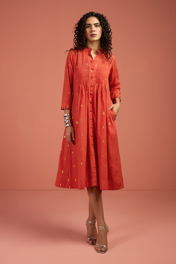 Marigold Glow Pintuck Pleated Button Down Dress Mc