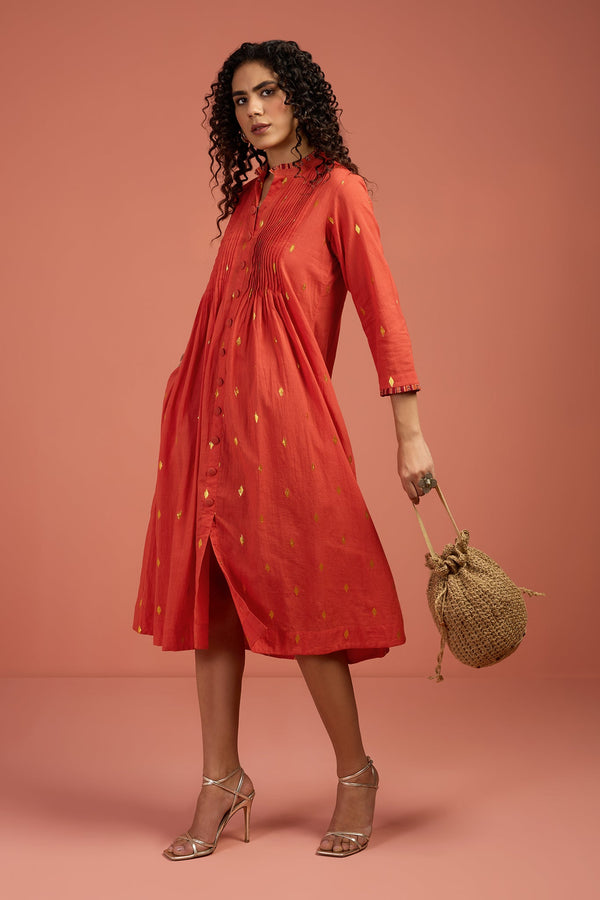 Marigold Glow Pintuck Pleated Button Down Dress