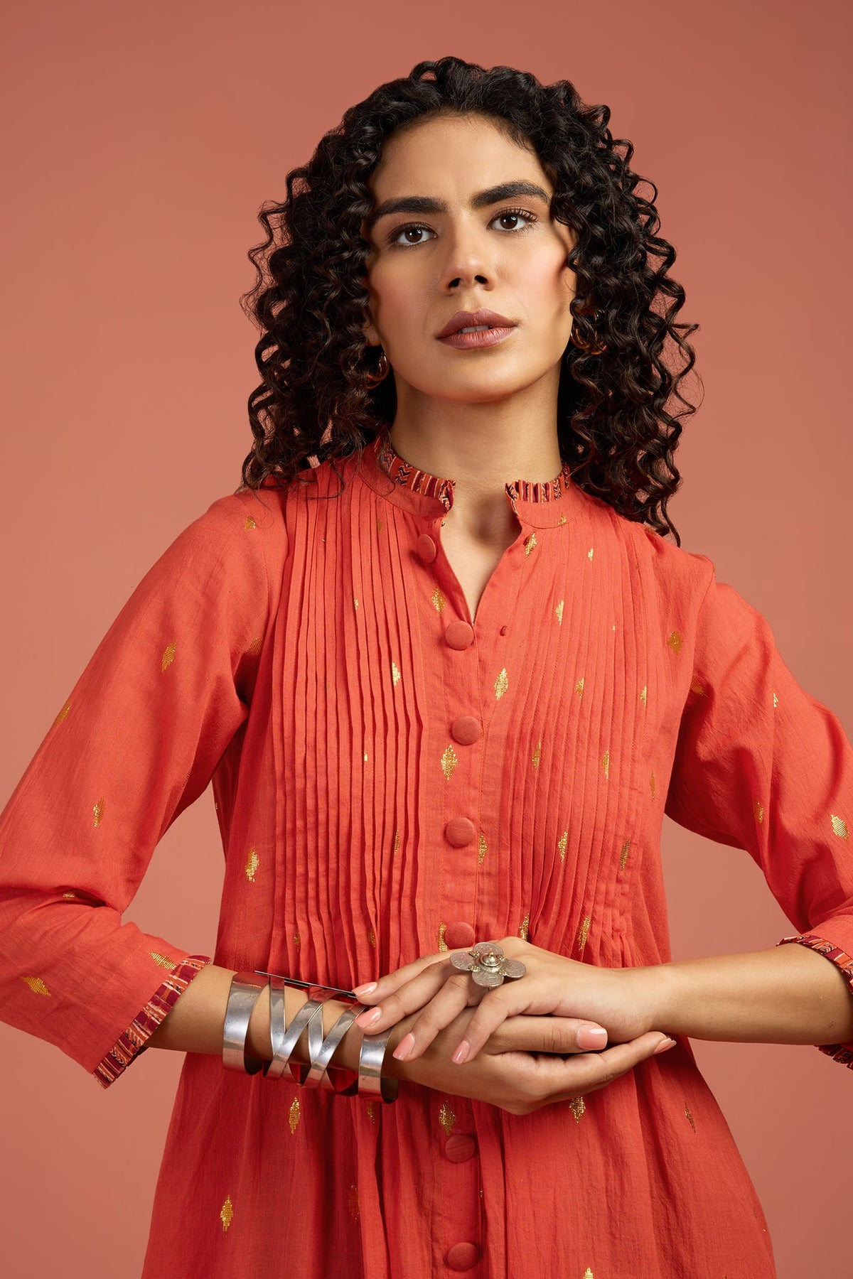 Marigold Glow Pintuck Pleated Button Down Dress