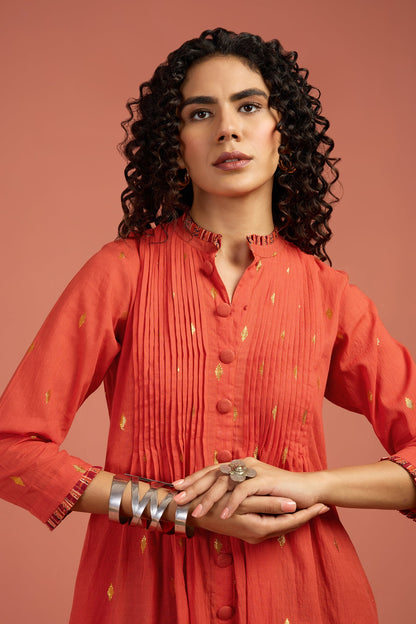 Marigold Glow Pintuck Pleated Button Down Dress