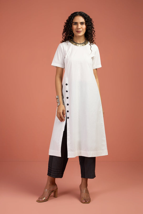 Maati Craft Coord Set - Porcelain Thread Front Button Down Slit Kurta & Grey Stripes Pants (Set Of 2)