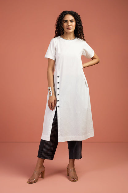 Maati Craft Coord Set - Porcelain Thread Front Button Down Slit Kurta & Grey Stripes Pants (Set Of 2)