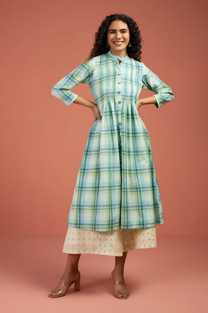 Maati Craft Tide & Twilight Madras Checks Pleated Pintuck Button Down Dress