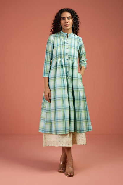 Maati Craft Tide & Twilight Madras Checks Pleated Pintuck Button Down Dress