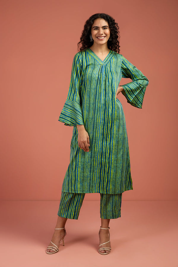 Maati Craft Coord Set- Coastal Canopy Stripes Modern Long Tunic Kurta and Pants