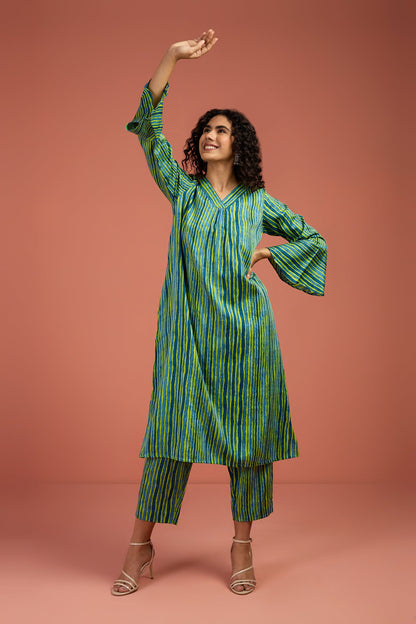 Maati Craft Coord Set- Coastal Canopy Stripes Modern Long Tunic Kurta and Pants