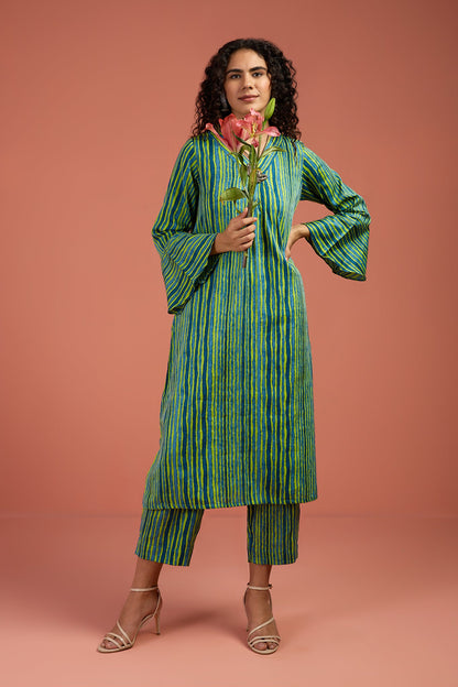 Maati Craft Coord Set- Coastal Canopy Stripes Modern Long Tunic Kurta and Pants