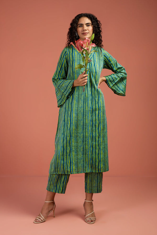 Maati Craft Coord Set- Coastal Canopy Stripes Modern Long Tunic Kurta and Pants