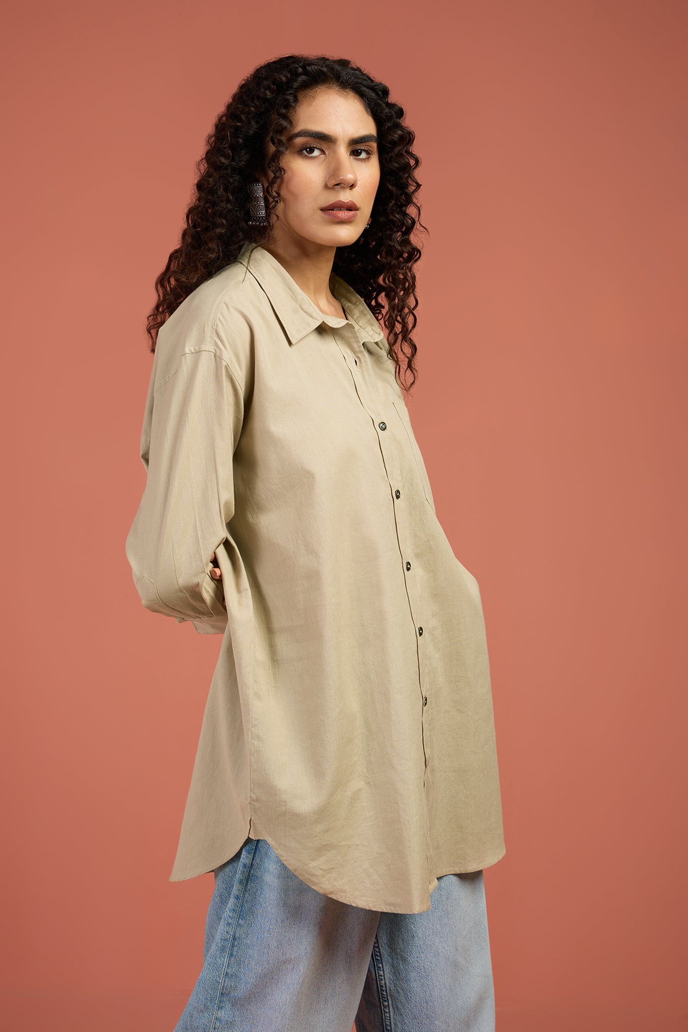 Maati Craft Oversized Longline Casual Shirt Sandstone Ease