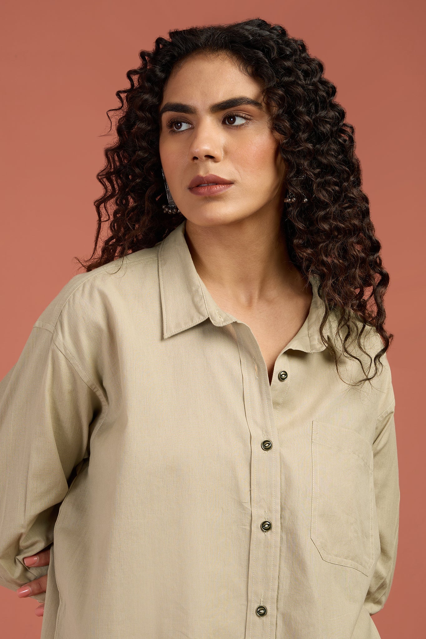 Maati Craft Oversized Longline Casual Shirt Sandstone Ease