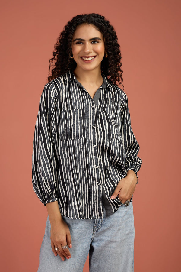 Maati Craft Monsoon Stripes Gather Sleeve Tunic Shirt