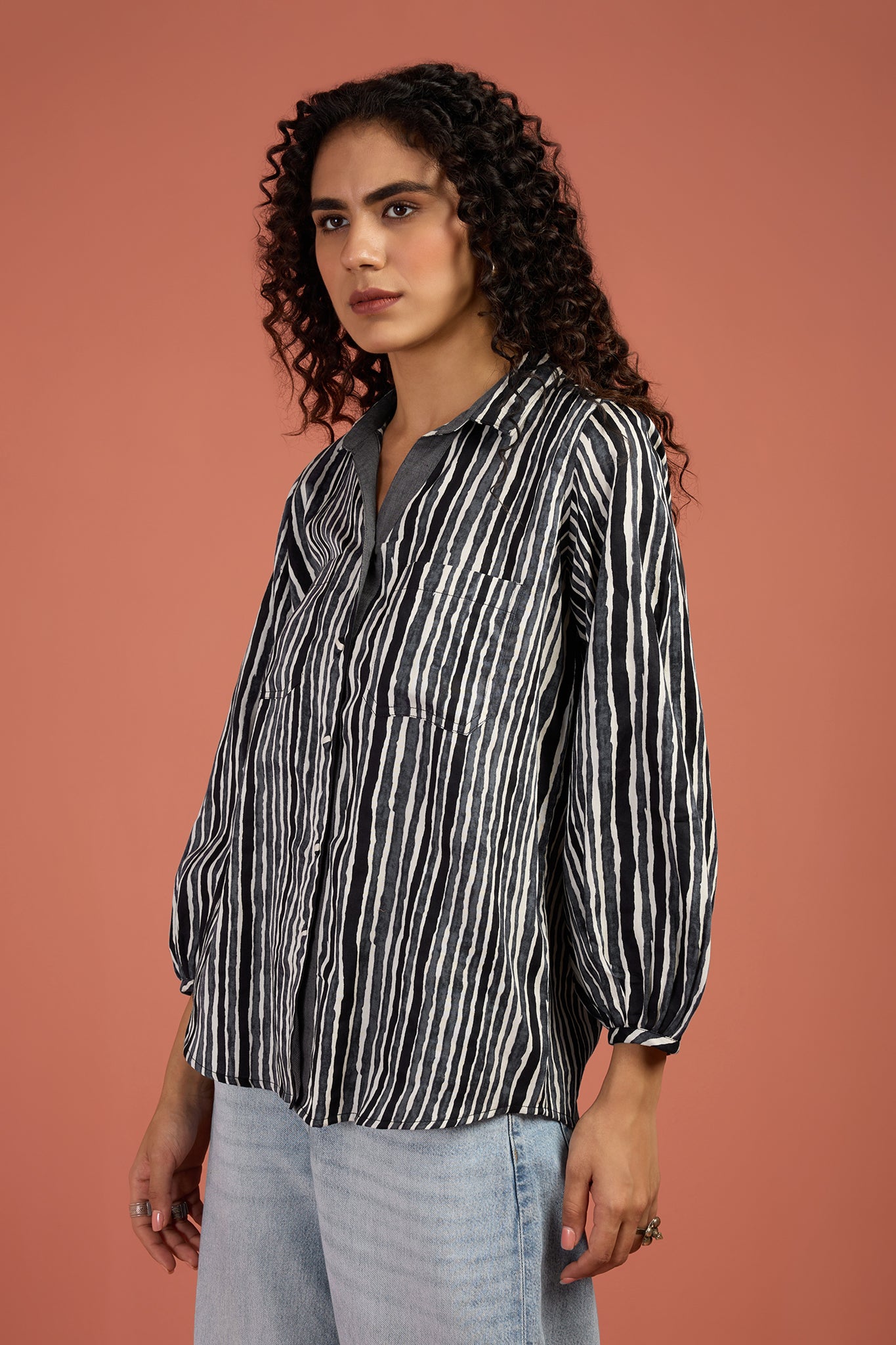 Maati Craft Monsoon Stripes Gather Sleeve Tunic Shirt