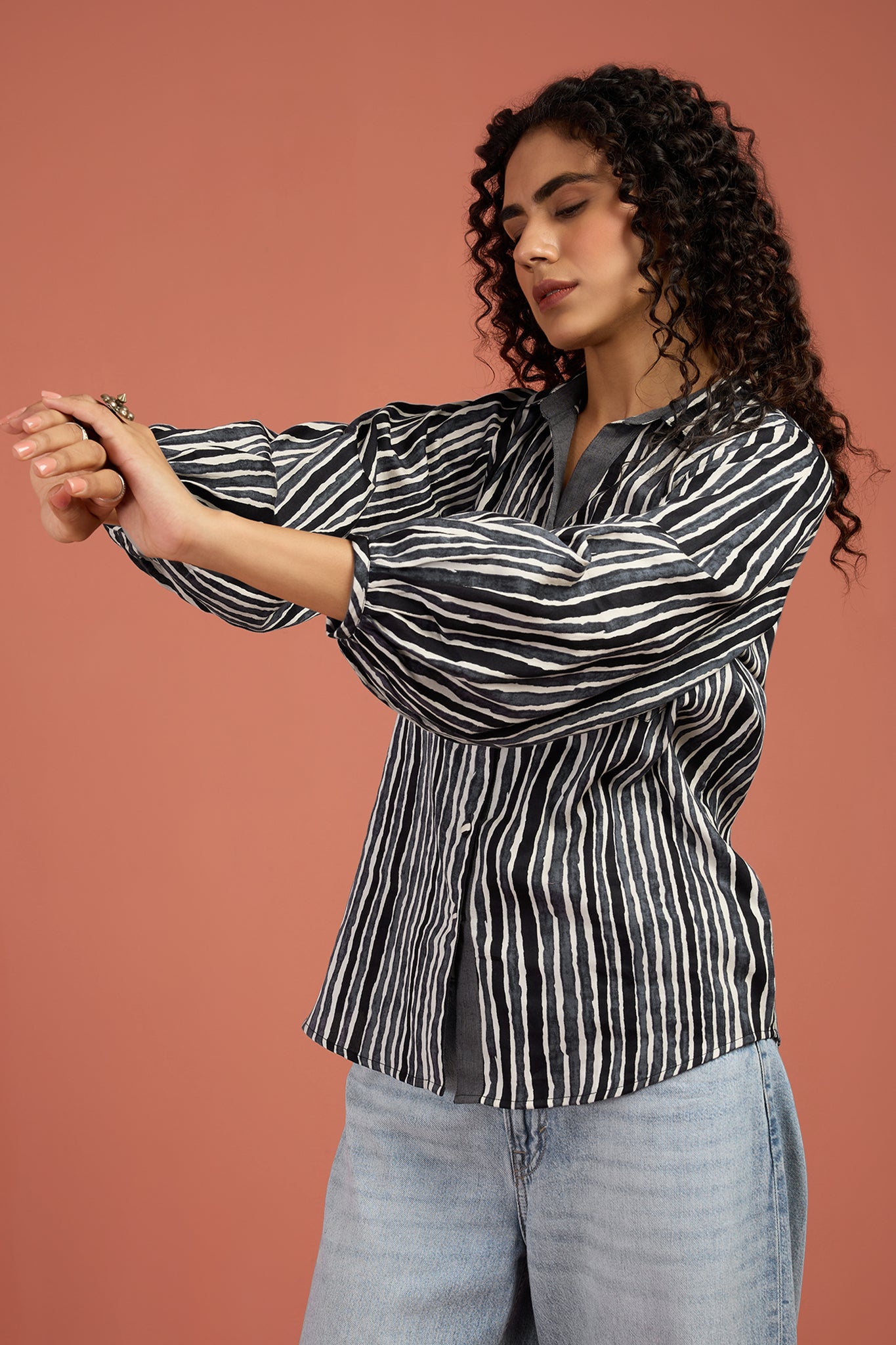 Maati Craft Monsoon Stripes Gather Sleeve Tunic Shirt