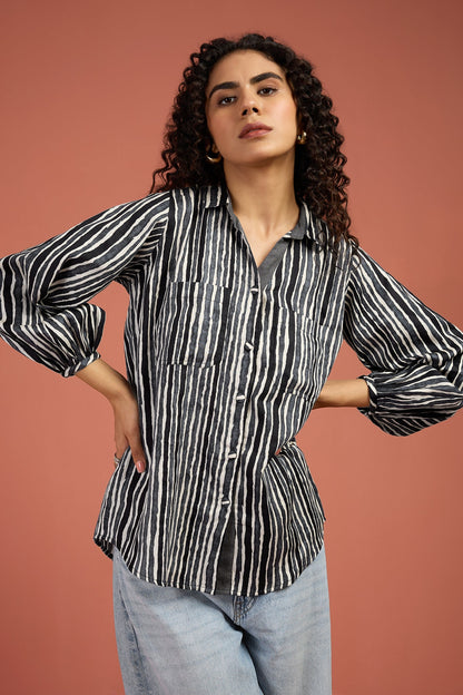 Maati Craft Monsoon Stripes Gather Sleeve Tunic Shirt