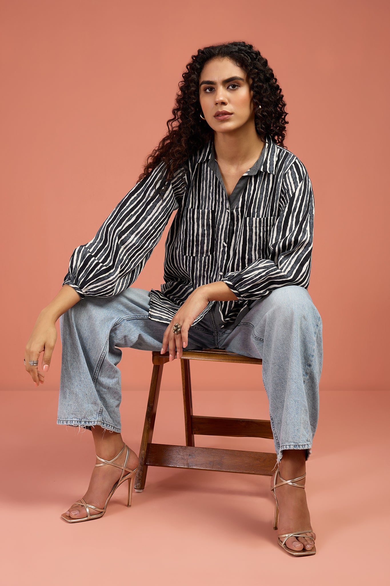 Maati Craft Monsoon Stripes Gather Sleeve Tunic Shirt