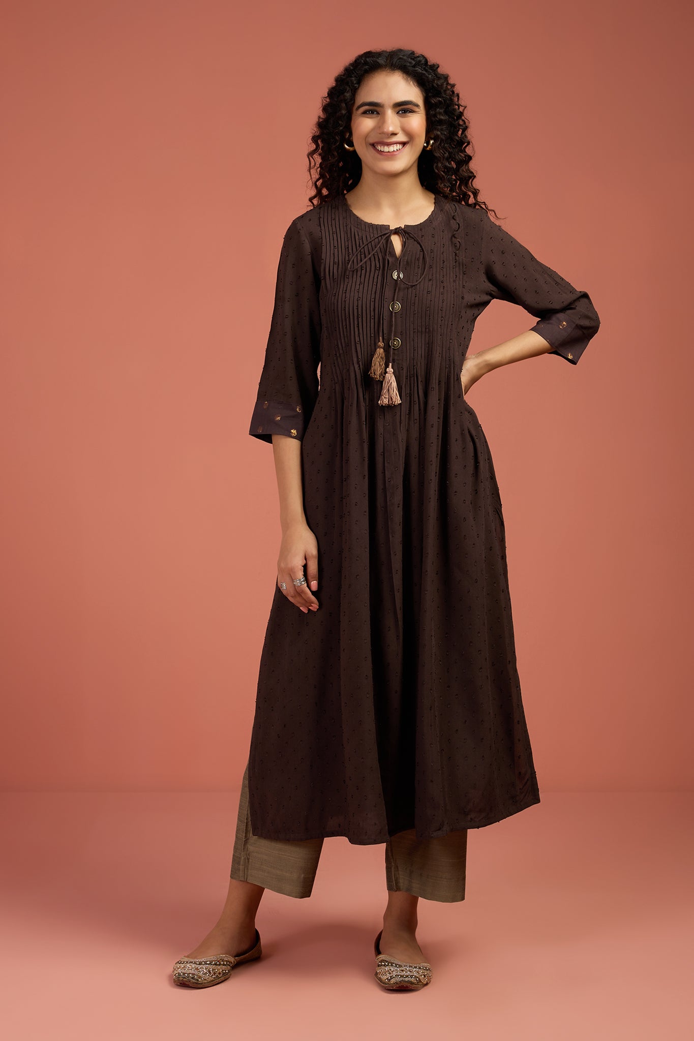 Pintuck Yoke Long Slit Kurta Top Cocoa Forge Mc