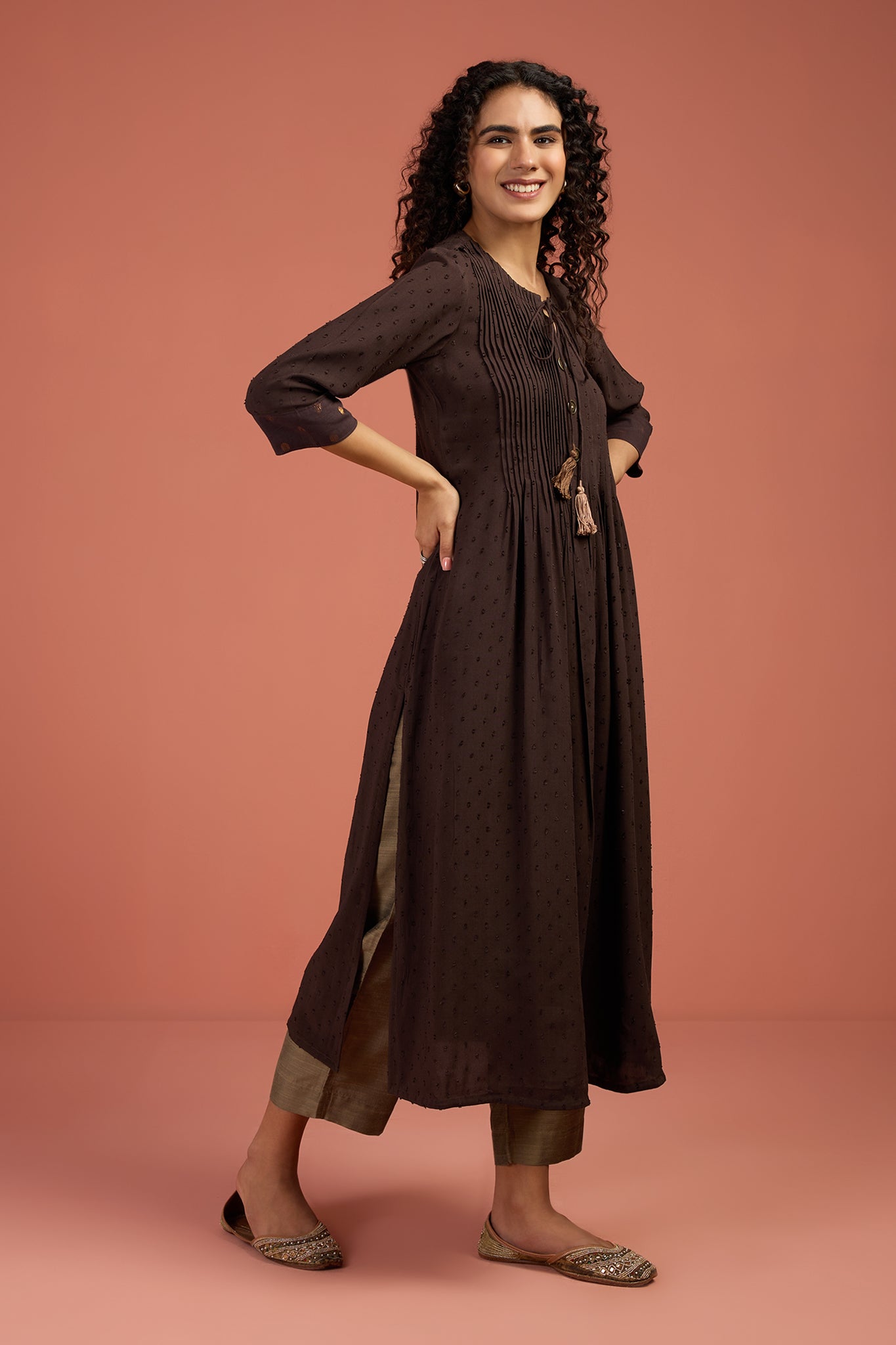 Pintuck Yoke Long Slit Kurta Top Cocoa Forge Mc