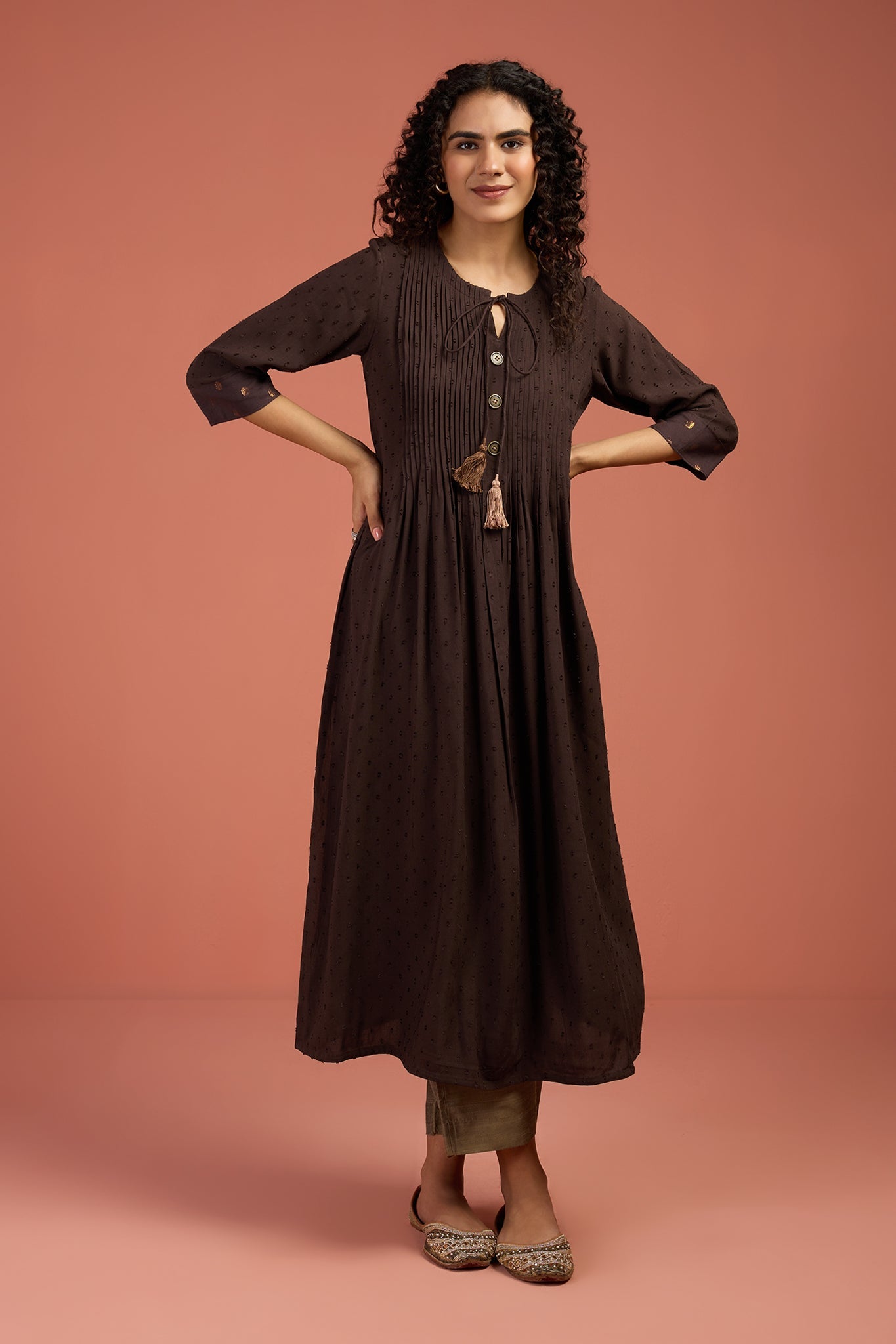 Pintuck Yoke Long Slit Kurta Top Cocoa Forge Mc