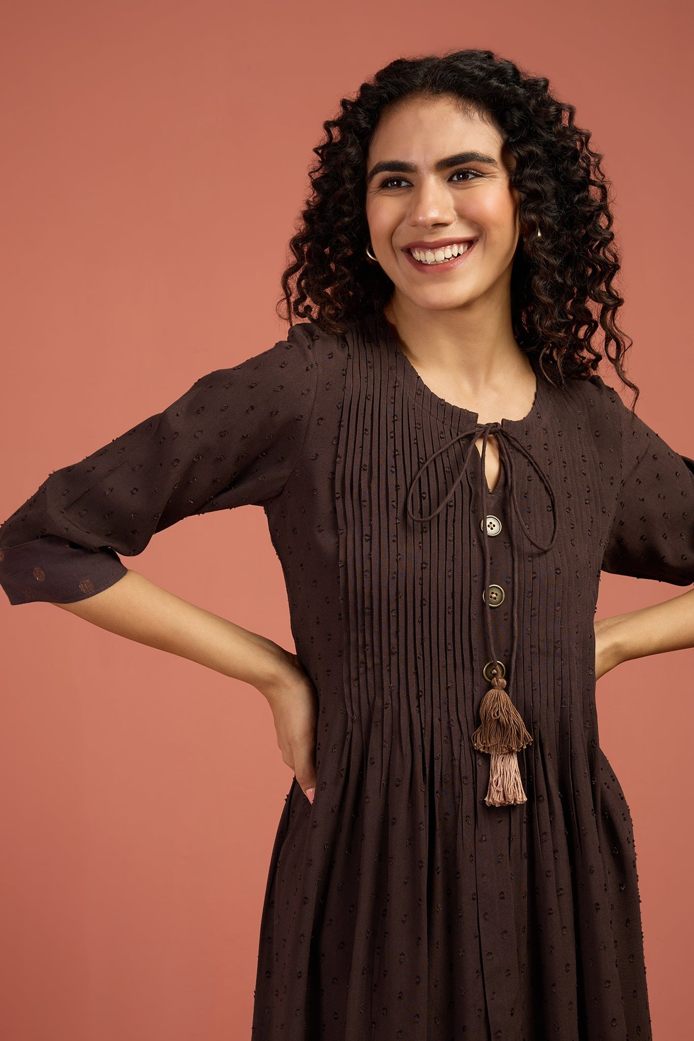 Pintuck Yoke Long Slit Kurta Top Cocoa Forge Mc