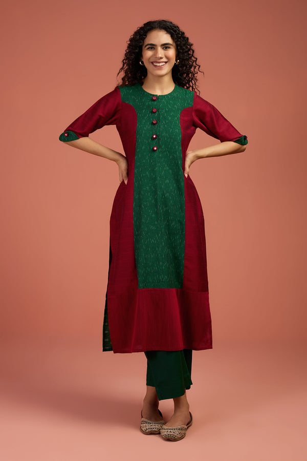 Maati Craft Crimson Canopy Long Panelled Kurta with Slit