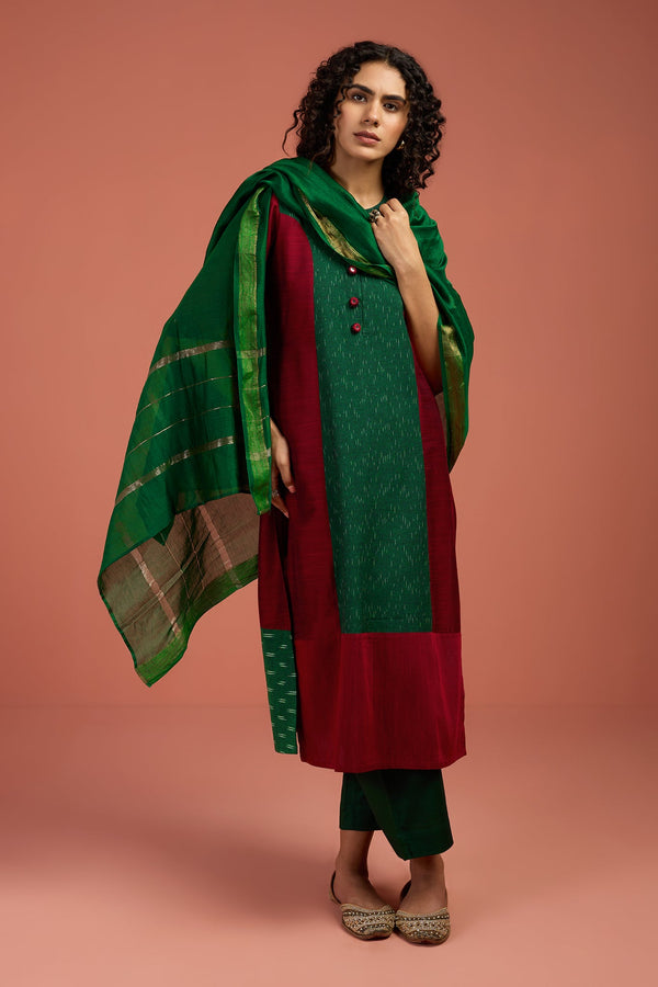 Maati Craft Crimson Canopy Long Panelled Kurta with Slit