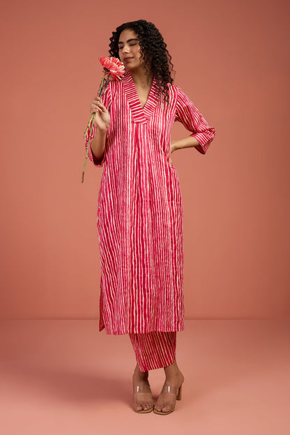 Maati Craft Co-ord Set Petal Pink & Snow Drift V-neck Kurta