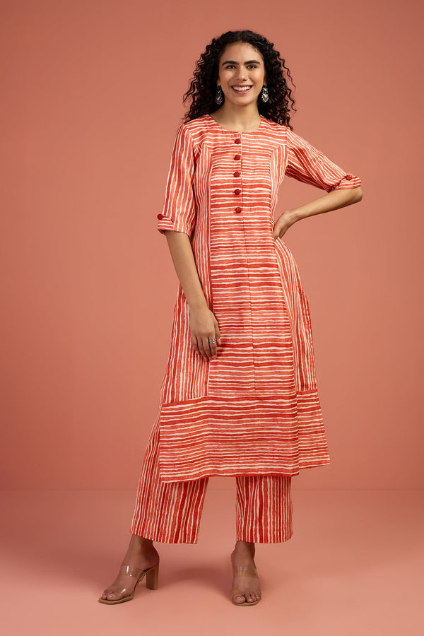 Maati Craft Co-ord Set Apricot Drift Long Panelled Kurta with Slit (Set of 2)