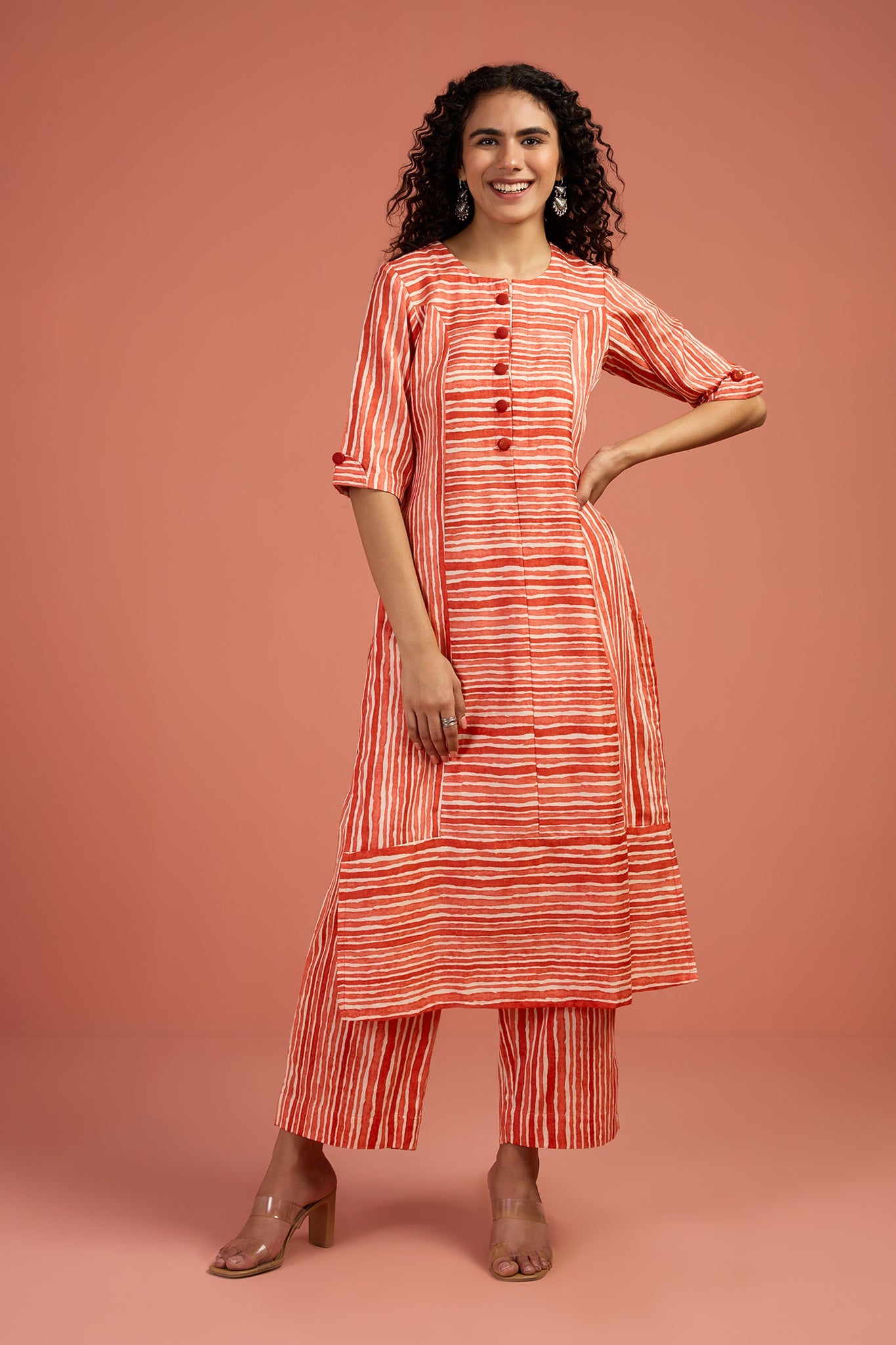 Maati Craft Co-ord Set Apricot Drift Long Panelled Kurta with Slit (Set of 2)