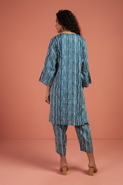 Maati Craft Co-ord Set Indigo & Salt Stripes Kurta & Pants