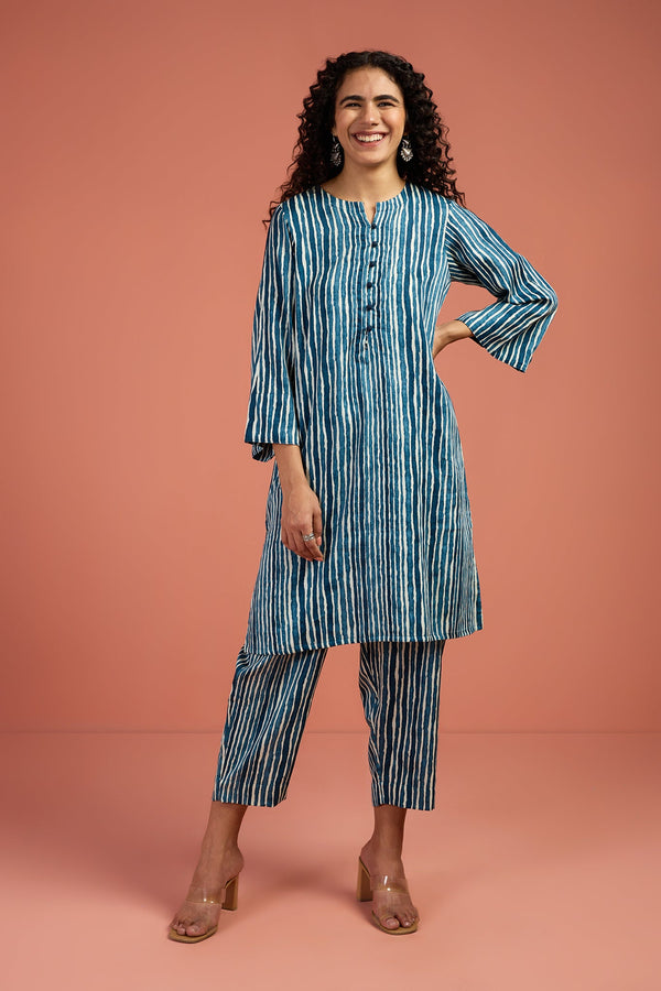 Maati Craft Co-ord Set Indigo & Salt Stripes Kurta & Pants