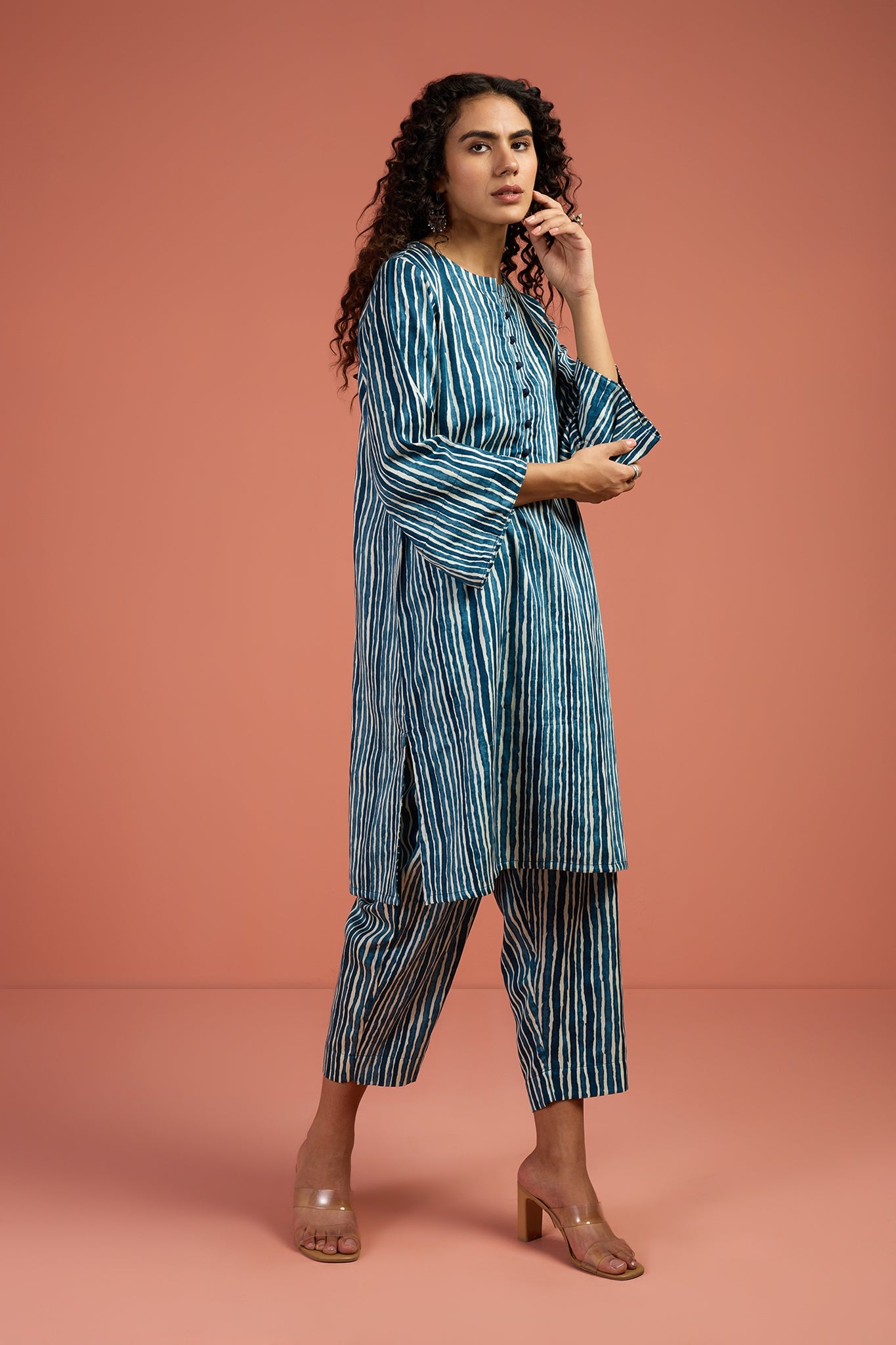 Maati Craft Co-ord Set Indigo & Salt Stripes Kurta & Pants