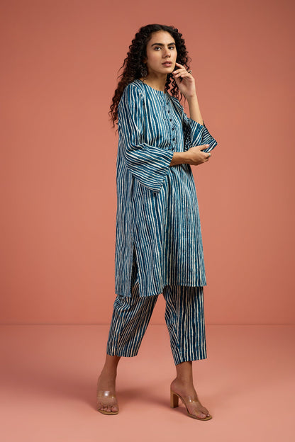 Maati Craft Co-ord Set Indigo & Salt Stripes Kurta & Pants
