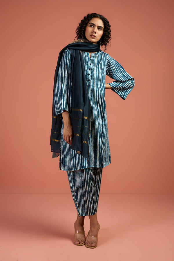 Maati Craft Co-ord Set Indigo & Salt Stripes Kurta & Pants