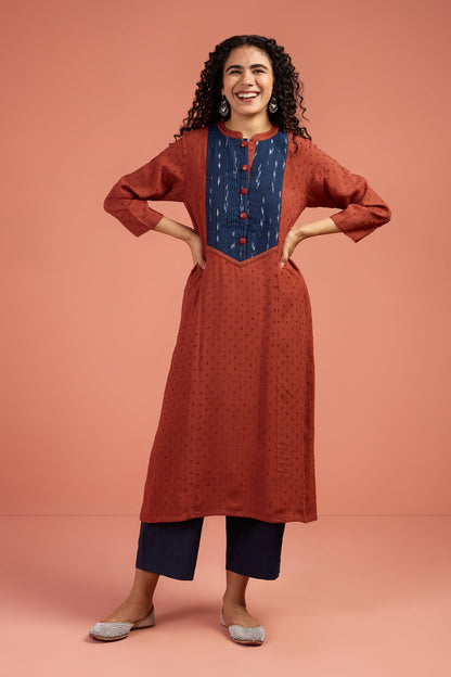 Maati Craft Copper Abyss Long Pintuck Yoke Kurta With Slit