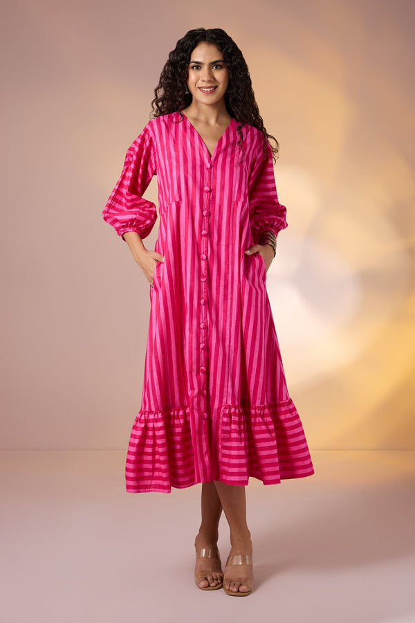 Blush Bold Bands Midi Dress With Ruffle Border Mc