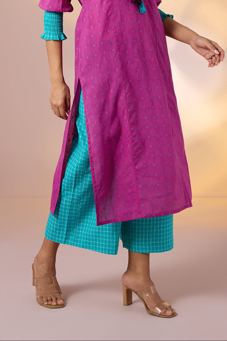 Wide Legged Bottom - Blue Checks Cotton Pants With Pockets