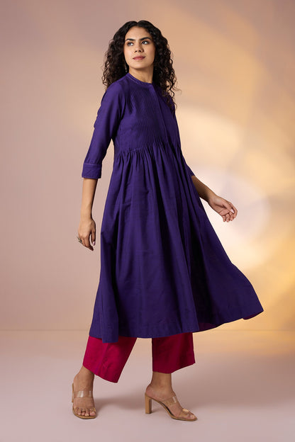 Maati Craft Gulabi Mystic Amethyst  Silk Slub Cotton Luxe Dress With Pintucks
